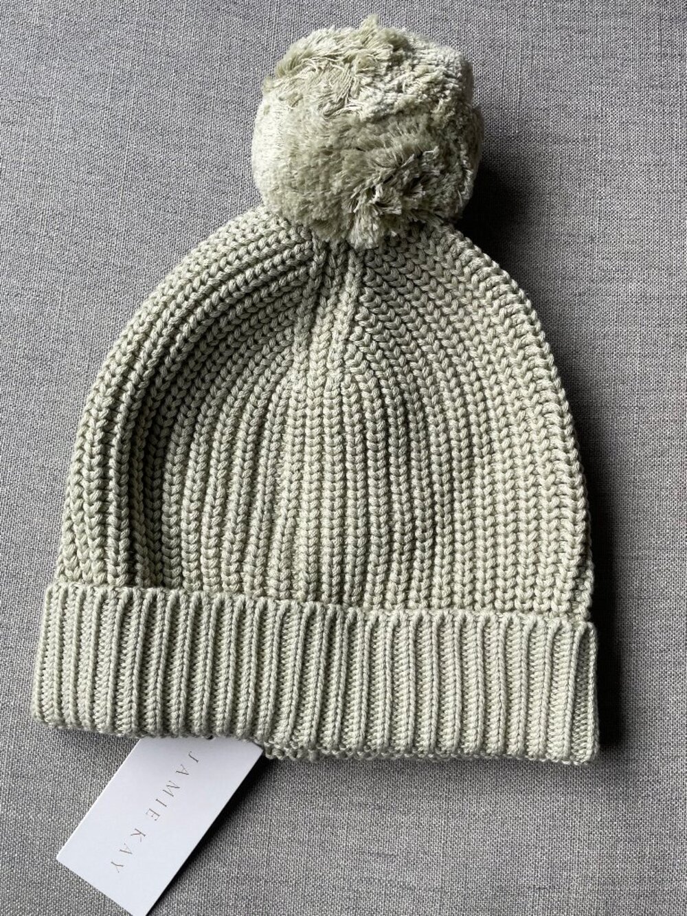 Jamie Kay sage/honeydew green cotton cozy knit beanie hat with pom pom - NWT